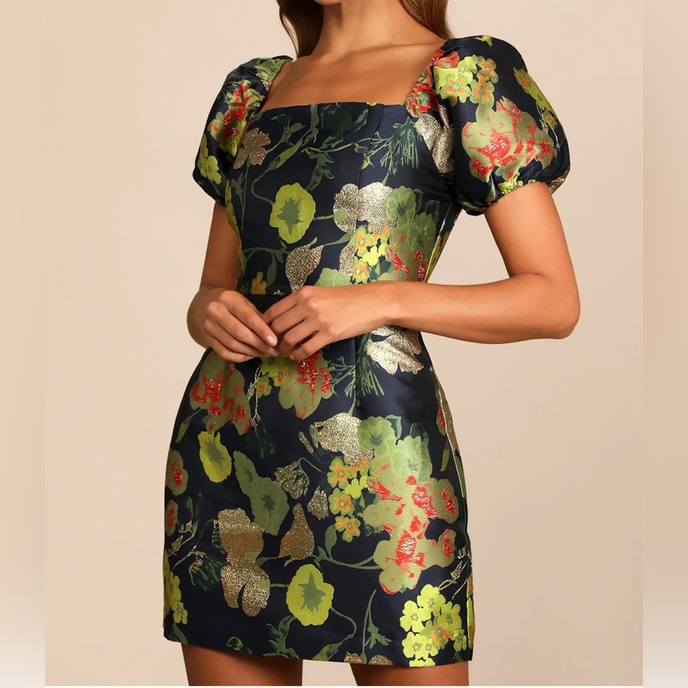Lulu’s So Stunning Navy Blue Floral Jacquard Puff Sleeve Mini Dress